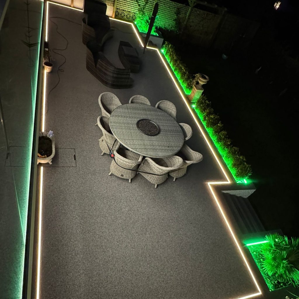 A resin patio that we installed with lighting